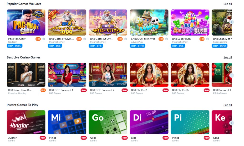 BK8 Malaysia games lobby - slots, live casino and instant games with RTP